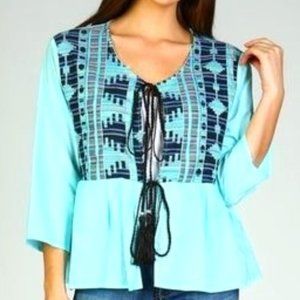 Velzera Turquoise Southwest pattern cotton cropped cardigan tunic top NEW